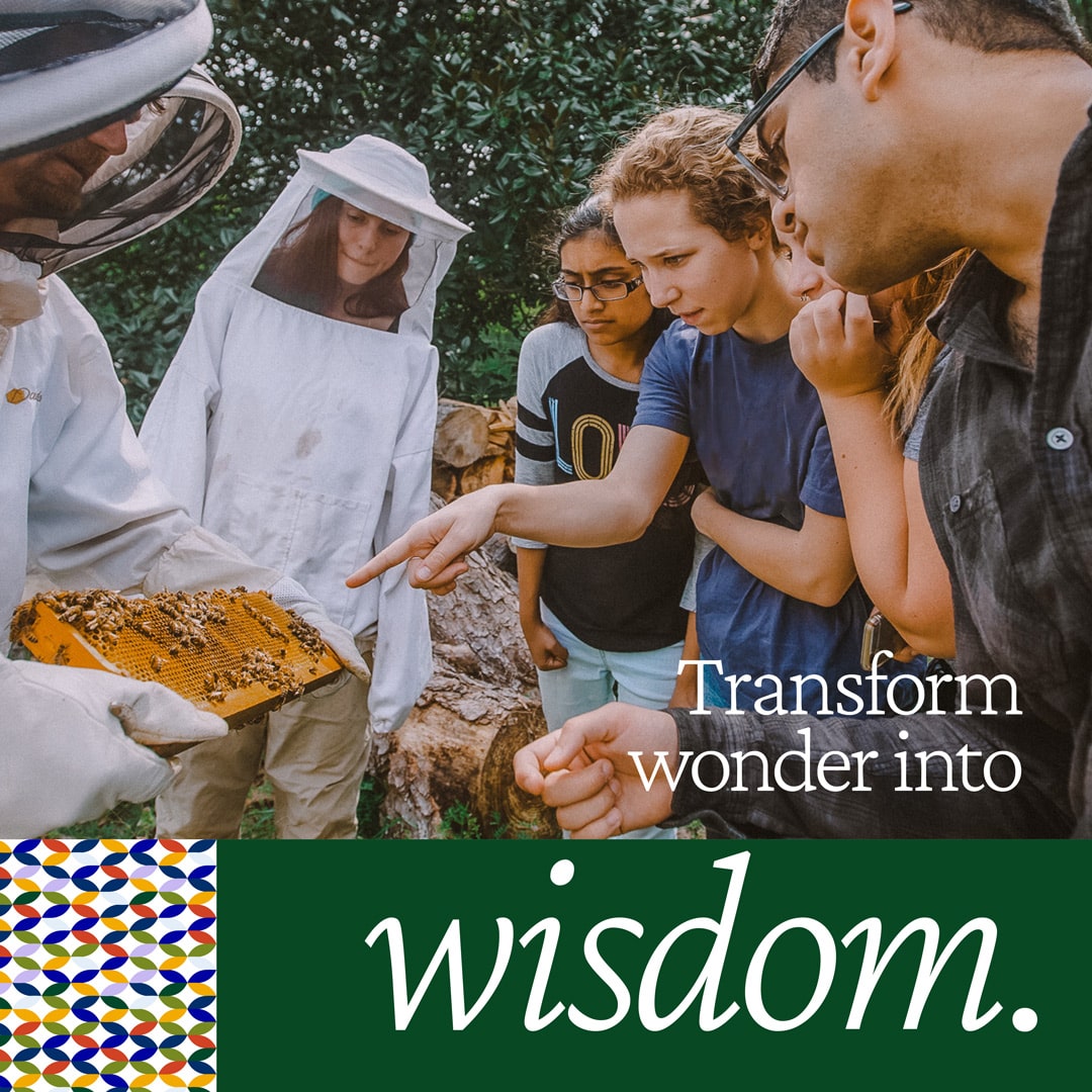 Social Media image for Oxford College of Emory University | Students learning from a beekeeper. Text says: Transform wonder into wisdom