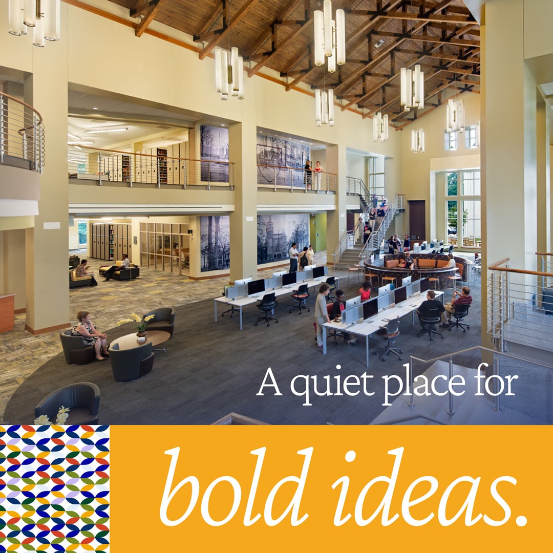Social Media image for Oxford College of Emory University | A campus common space. Text says: A quiet place for bold ideas.